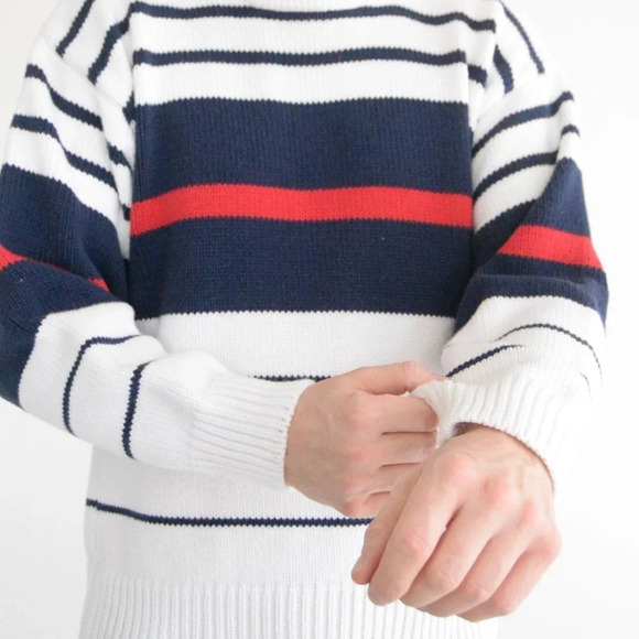 Vintage Eddie Bauer White with Red and  Blue Stripes Knit Crewneck Sweater L - Picture 2 of 11